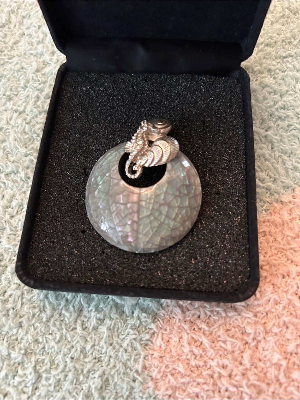 Seahorse Mother-of-Pearl Pendant Necklace - Iridescent Greenish Blue